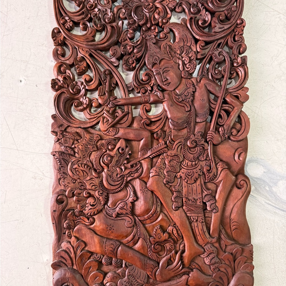 Hand-Carved Balinese Wooden Relief Panel in Warm Mahogany Tone